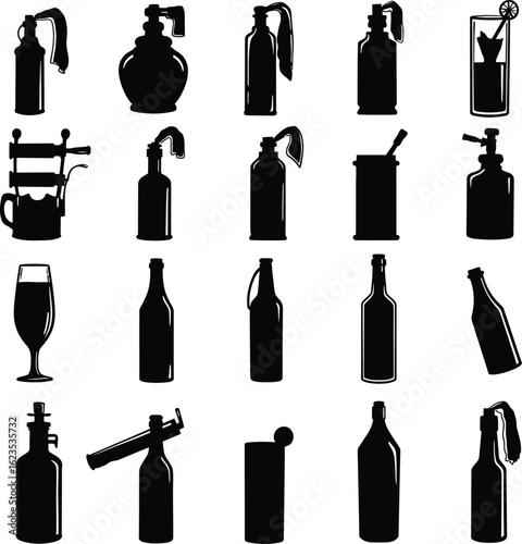 Molotov Cocktail Vector Illustration Set. A dangerous collection of bottle bomb silhouettes for protest, riot, crime, and rebellion concepts.