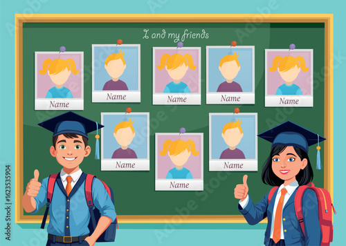 School Yearbook Template with Students and Classmate Photos – Cartoon Style