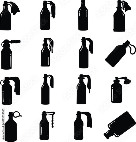 Molotov Cocktail Vector Illustration Set. A dangerous collection of bottle bomb silhouettes for protest, riot, crime, and rebellion concepts.