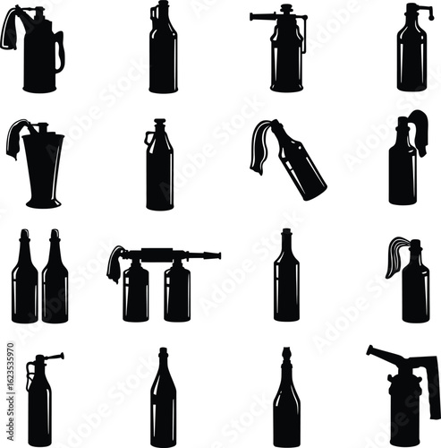 Molotov Cocktail Vector Illustration Set. A dangerous collection of bottle bomb silhouettes for protest, riot, crime, and rebellion concepts.