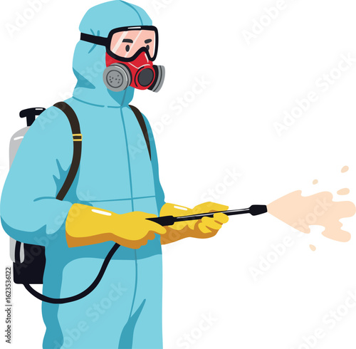 Person in blue hazmat suit spraying disinfectant with yellow gloves and gas mask for protection vector illustration