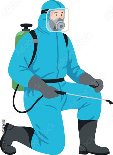 Worker in full protective suit spraying disinfectant for sanitation and pest control vector illustration
