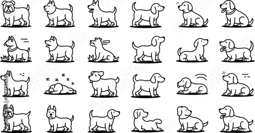 Collection of twenty four stylized cartoon dog illustrations in various poses