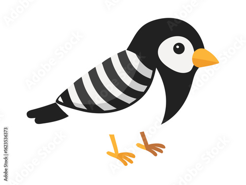 A charming cartoon jailbird with ornate black and white decorative stripes, a whimsical animal illustration isolated on a white background.