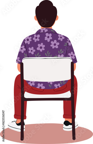 Man sitting backward on chair wearing purple floral shirt and red pants isolated vector illustration