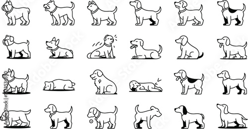 Collection of diverse dog breeds in playful poses and styles