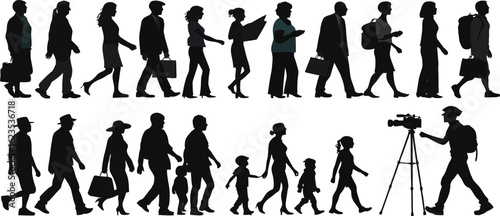 Silhouettes of diverse people walking in various groups and activities, including a family and a videographer