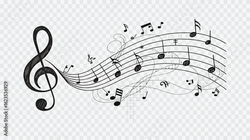 Elegant musical staff with flowing notes and a prominent treble clef, representing a beautiful melody