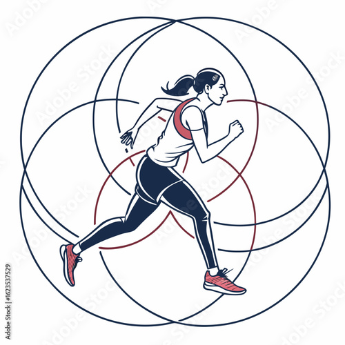 Focused Female Athlete Running – Minimal Collage Concept of Sport and Competition