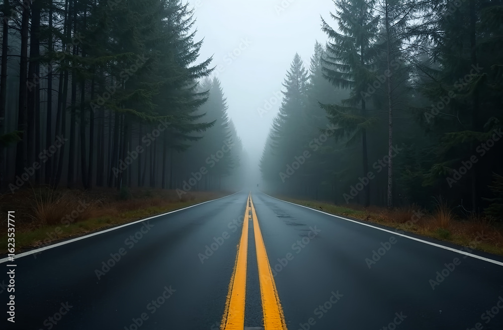 Fototapeta premium Asphalt road in the forest with yellow center line 