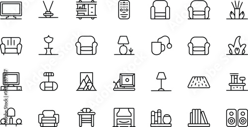 Collection of hand drawn furniture and home decor icons for interior design