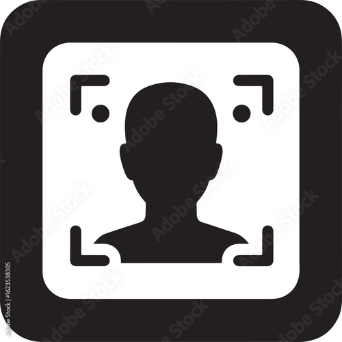Face Recognition Technology Icon for Security and Identification Software Silhouette Image in Black and White with Rounded Square Frame