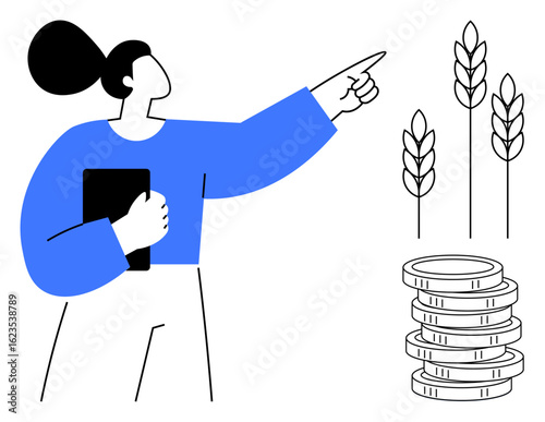 Woman with tablet gestures to wheat stalks and coin pile, representing farming, crop management, and profit. Ideal for agriculture, finance, investment, economy, sustainability agribusiness simple