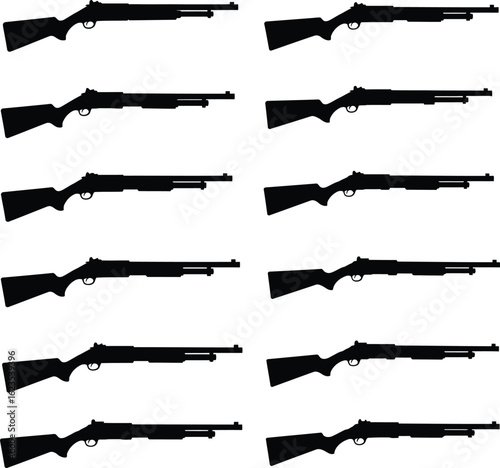 Shotgun and Rifle Vector Illustration Set. A comprehensive collection of firearm silhouettes including sawed-off shotguns, perfect for hunting, military, and game design.