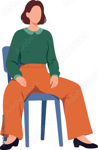 Woman sitting on chair wearing green sweater and orange pants casual posture vector illustration