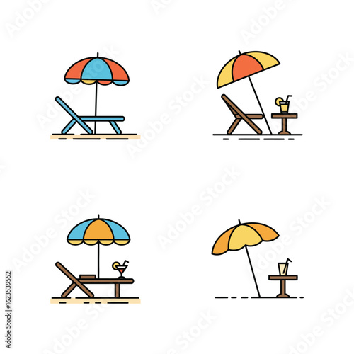Four stylized illustrations of beach chairs and umbrellas with a small dog enjoying the sun on a sandy shore
