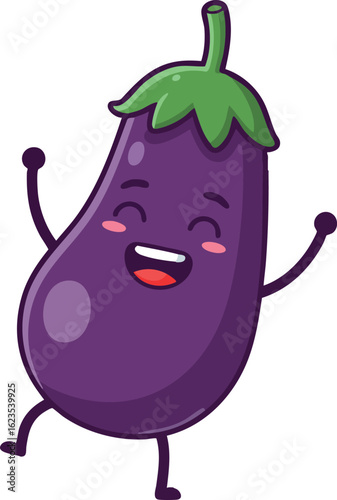 Happy purple eggplant character with green top smiling and dancing vector illustration