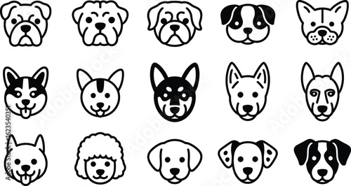 Collection of diverse dog breed faces in a clean line art style