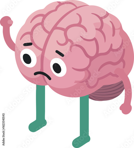 Sad pink human brain character with arms and legs expressing worry and concern vector illustration