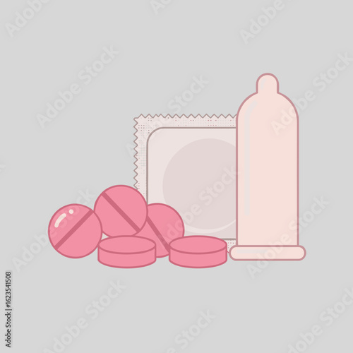 Pink contraceptive pills and condom on grey background for World Contraception Day  