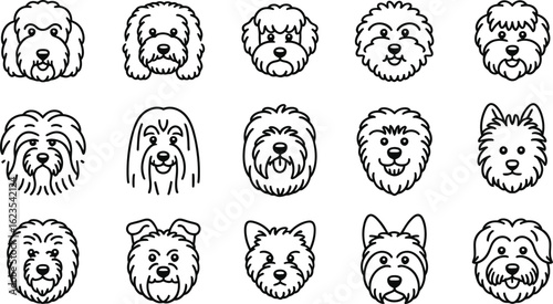 Collection of hand drawn dog faces in outline style