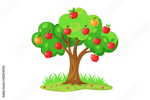 Cartoon apple tree with ripe red and yellow apples isolated on transparent background