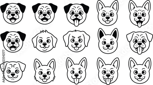 Collection of cartoon dog faces in various breeds and expressions