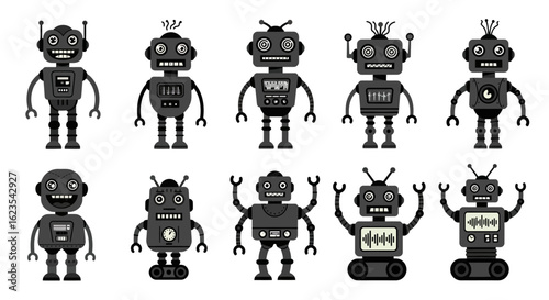 A Diverse Collection of Vintage Style Retro Robots Featuring a Variety of Unique Designs and Industrial Aesthetics for Futuristic and SciFi Themed Projects