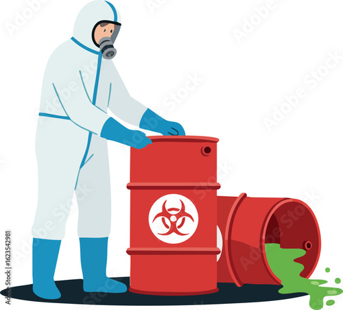 Man in protective hazmat suit handling red toxic waste barrels with biohazard symbol vector illustration