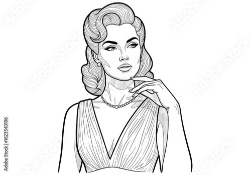 A glamorous actress with elegant hairstyle and makeup in a black and white illustration