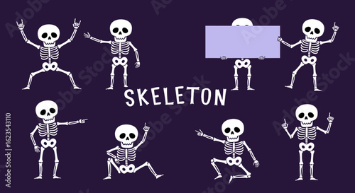 A Collection of Adorable and Playful Skeletons Demonstrating Various Fun Poses and Activities Against a Dark Purple Background