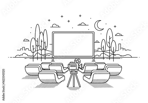 An outdoor cinema setup with a projector and empty seats under the night sky in a black and white illustration