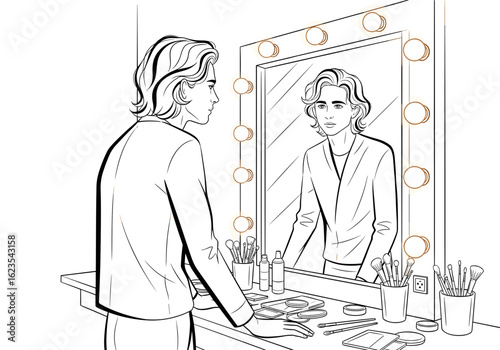 An actor looking in the mirror at a dressing table with makeup tools in a black and white illustration