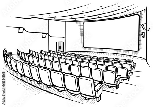 An empty cinema auditorium with rows of seats and a large screen in a sketch-style illustration