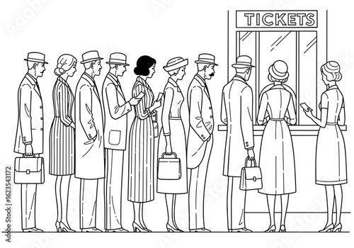A line of people waiting at a ticket booth in a theater in a black and white illustration