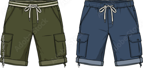 Casual cargo shorts with flap pockets, rolled-up hem, drawstring waistband, isolated men’s fashion bottoms in green and blue for summer streetwear styling