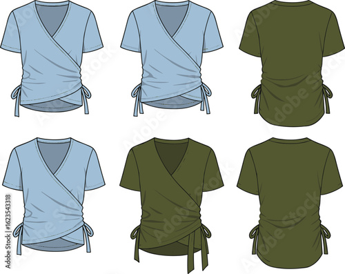 Women's short sleeve V-neck wrap top with ruched side ties, fashion flat technical sketch set showing front and back views for apparel design.