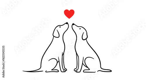 A Pair of Adorable Canine Companions Sharing a Tender Moment Underneath a Vivid Red Heart Symbolizing Their Deep Affection and Unbreakable Bond of Love