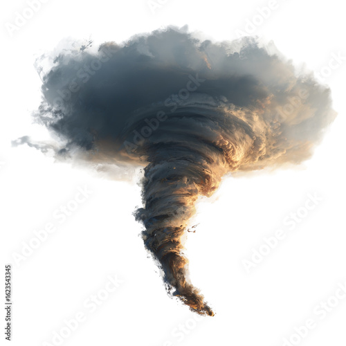 Powerful tornado funnel cloud in motion, cut out isolated on white background.