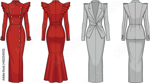 Two women's formal dresses technical fashion sketch with intricate details, a red high-neck ruffle dress and a gray tailored suit dress, perfect for sophisticated apparel design.