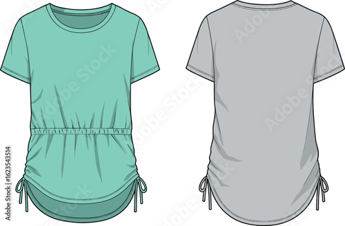 Women's T-shirt with drawstring side ruching and rounded hem, a technical fashion sketch for trendy and casual apparel collections, featuring front and back views.