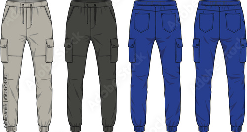 Men’s cargo jogger pants in multiple colors, front and back view, modern streetwear style, stylish design, detailed illustration for fashion apparel mockup