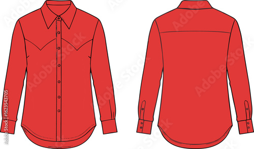Women’s red button-up blouse with long sleeves, front and back view, stylish formal shirt design, fashion flat sketch for clothing mockup and template