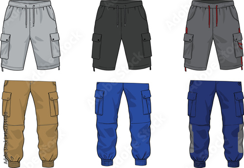 Set of stylish cargo pants and shorts for men, featuring multiple pockets, drawstring waist, and modern streetwear design, ideal for fashion, apparel, clothing showcases