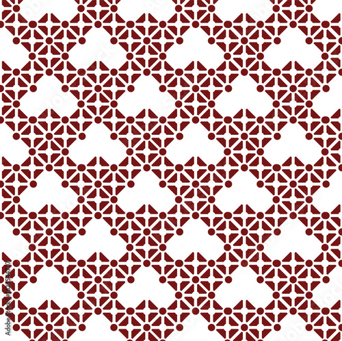 set of seamless damask patterns, tessellation design, repeating a single shape, geometric floral pattern, four-petal flower motif, central dot, maroon-red on a white background, floral and geometric 