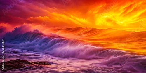 Stunning ocean sunset with crashing waves and vibrant colors painting the sky in shades of fiery orange