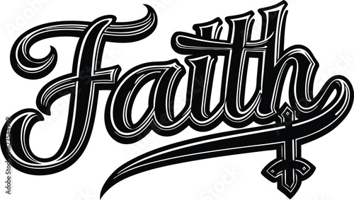 Faith Typography with Sword Illustration in Black and White for T-shirt design on transparent background