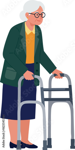 Elderly woman using walker for support in casual clothing with glasses and white hair vector illustration