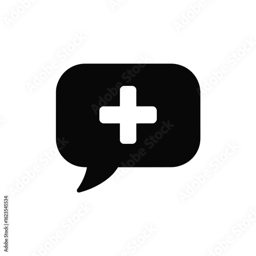 Black speech bubble with white plus sign silhouette