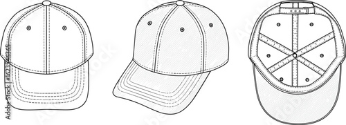 Baseball cap technical flat sketch showing top, side, and inside views with detailed stitching, structure, and adjustable strap design
